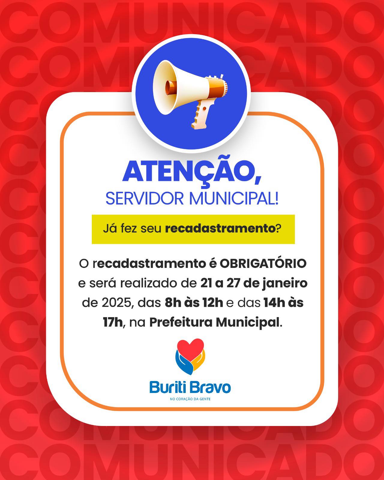 Prefeitura Municipal de Buriti Bravo anuncia recadastramento dos servidores efetivos